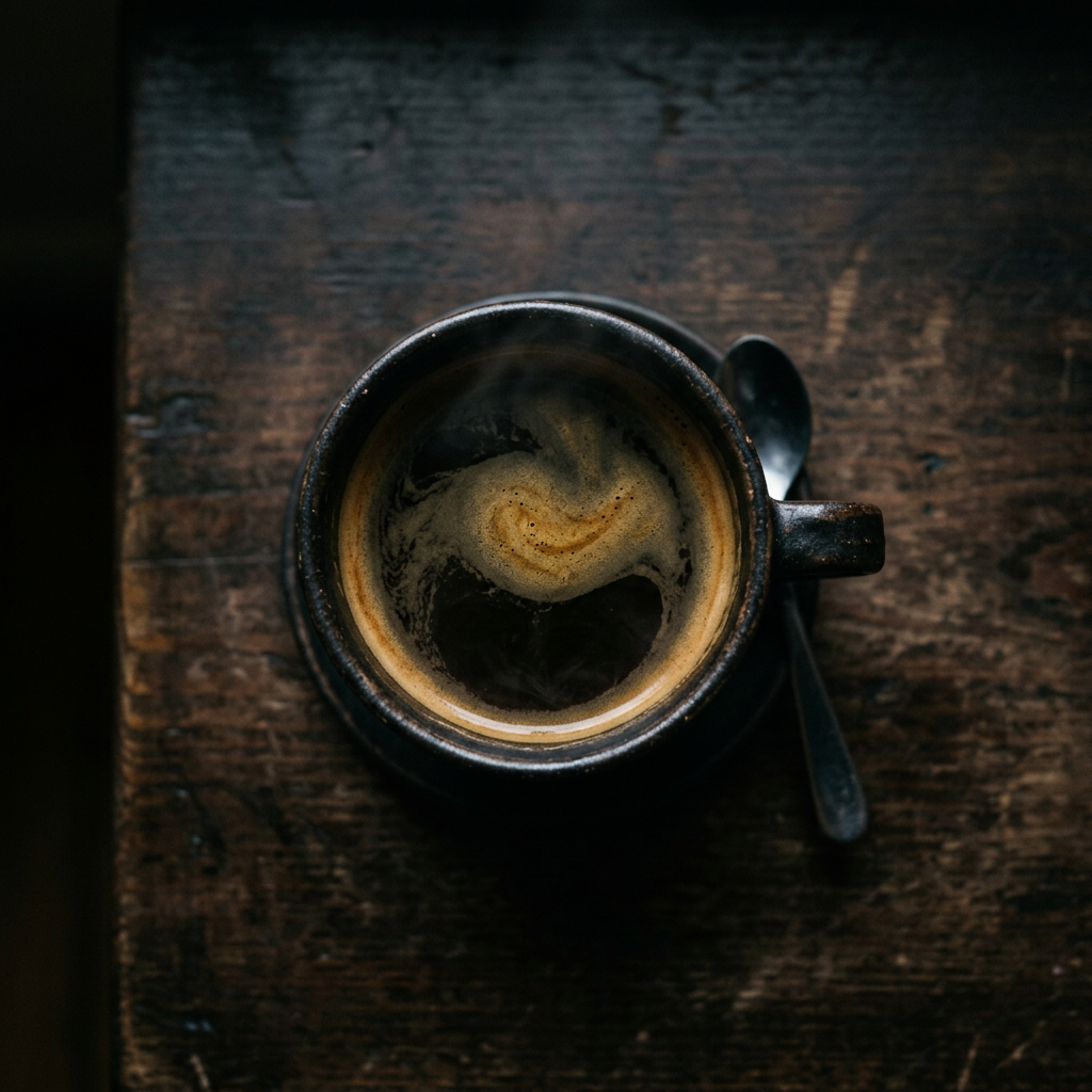 Steaming cup of espresso with crema swirl on a wooden table with a spoon