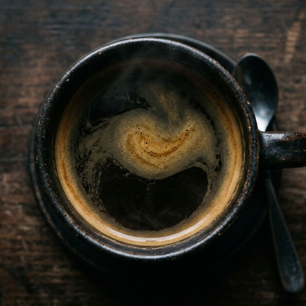 Steaming cup of espresso with crema swirl on a wooden table with a spoon